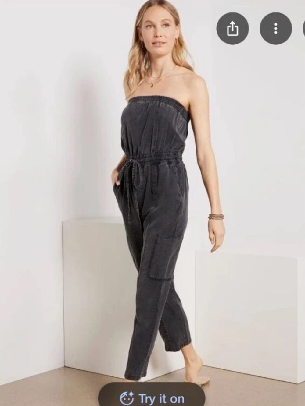 Evereve Strapless Drawstring Waist Jumpsuit Pockets Lyocell Gray Womens Medium